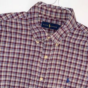 Ralph Lauren Mens L Plaid Button Down Shirt Burgundy Blue Long Sleeve Pony Logo